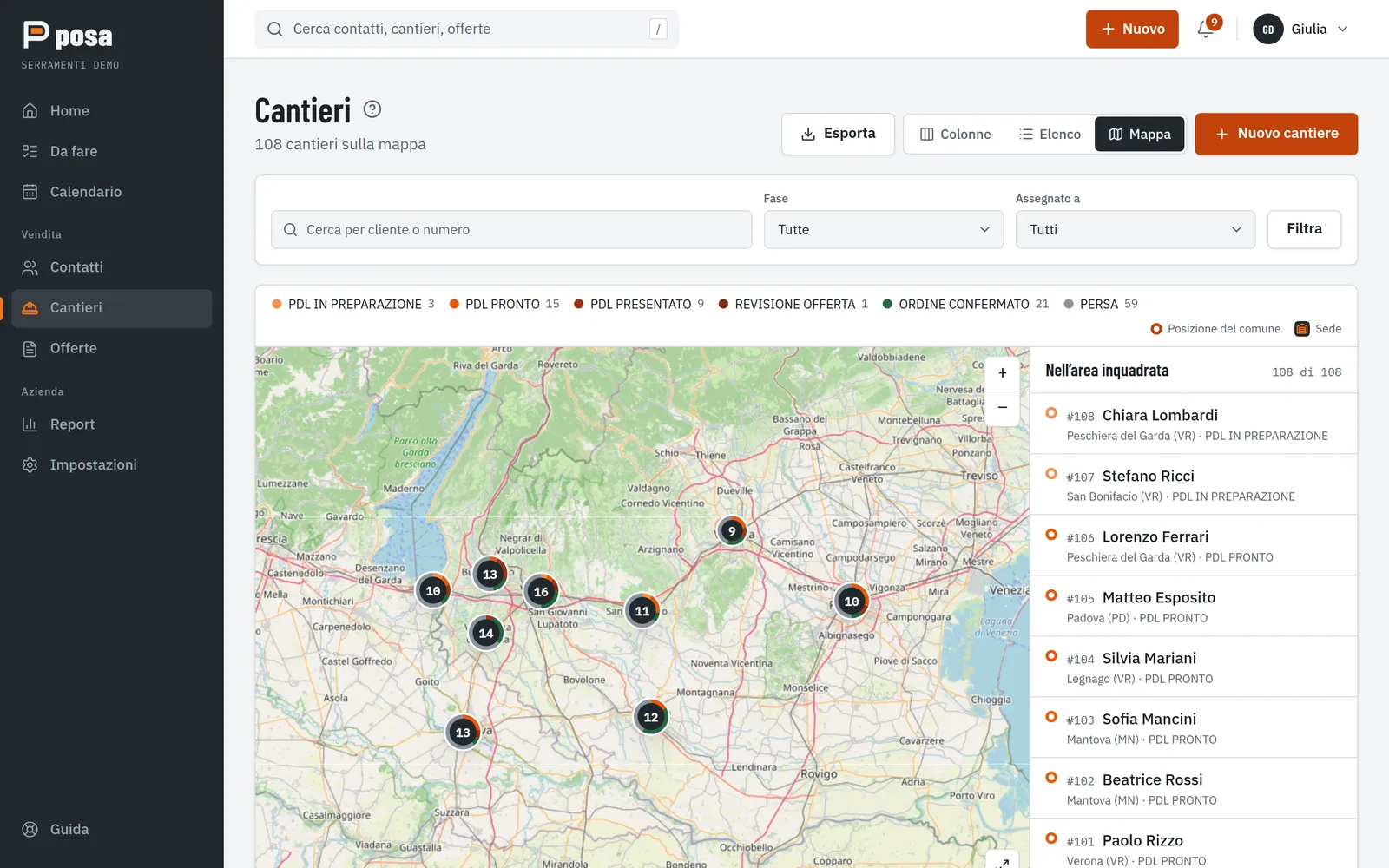 Mappa dei cantieri di serramenti per fase, raggruppati per zona