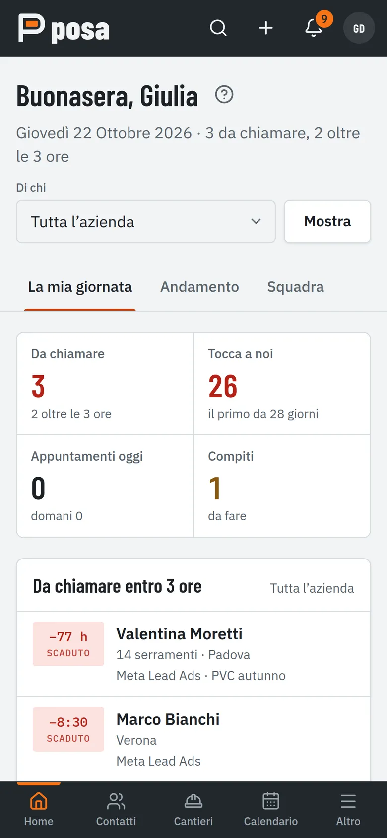 Posa CRM sul telefono: la Home con i contatti da chiamare e le schede in basso